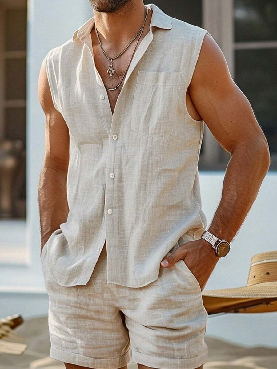 Manfinity Dauomo Men's Linen Blend Set, 2pcs Beach Drawstring Tank Top Sleeveless Shirt And Shorts, Hippie Style - Beige - View 1