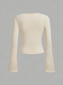 SHEIN Unity Áo thun nữ cổ tròn cổ tròn in hình ngôi sao năm cánh dài tay loe màu trơn tối giản - Màu be - Xem 2