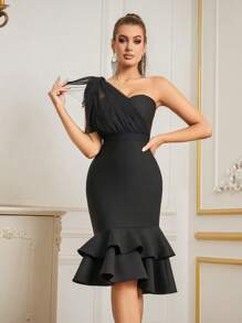 Zolique Black Asymmetrical Neck Mesh Floral Trim Cocktail Dress