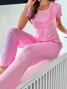 2pcs Lace Bow Decor Women's Loungewear Set - Pink - View 6