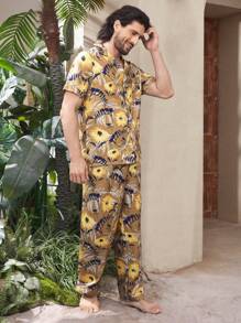 Men's Turndown Collar Button Front Pocket Allover Print Top And Pants Pajama Set - Multicolor - View 4