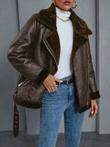 SHEIN Privé Women's Vintage Style Stand Collar Zip-Up Long Sleeve Charming Jacket Faux Leather Aviator Jacket With Borg Lining 