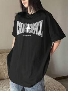 INAWLY Áo thun tay ngắn cổ tròn in hình ngôi sao & chữ Plus Size, mùa hè - màu đen - Xem 2