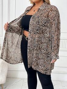 SHEIN CURVE+ Curve Plus 满版印花雪纺长款衬衫（无腰带） - 彩色 - 查看 6