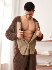 Snug Zone Men's Hooded Simple & Warm Loungewear One Piece Jumpsuit For Daily Wear And Home, For Fall Winter, Fluffy, Cozy - Multicolor - View 2