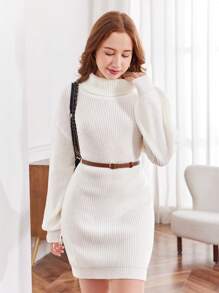 SHEIN Teen Girls White Turtleneck Oversized Warm Fashionable Knit Sweater Dress For Fall & Winter