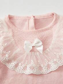 Baby Girls' Cotton Casual Elegant Lace Ruffle Hooded Sweater, Suitable For Spring/Autumn, Cute Bow Lace Knit Jumpsuit Jumpsuit For Newborn Baby Shower, 100 Days Party, 1st Birthday Party, Daily Wear, Travel