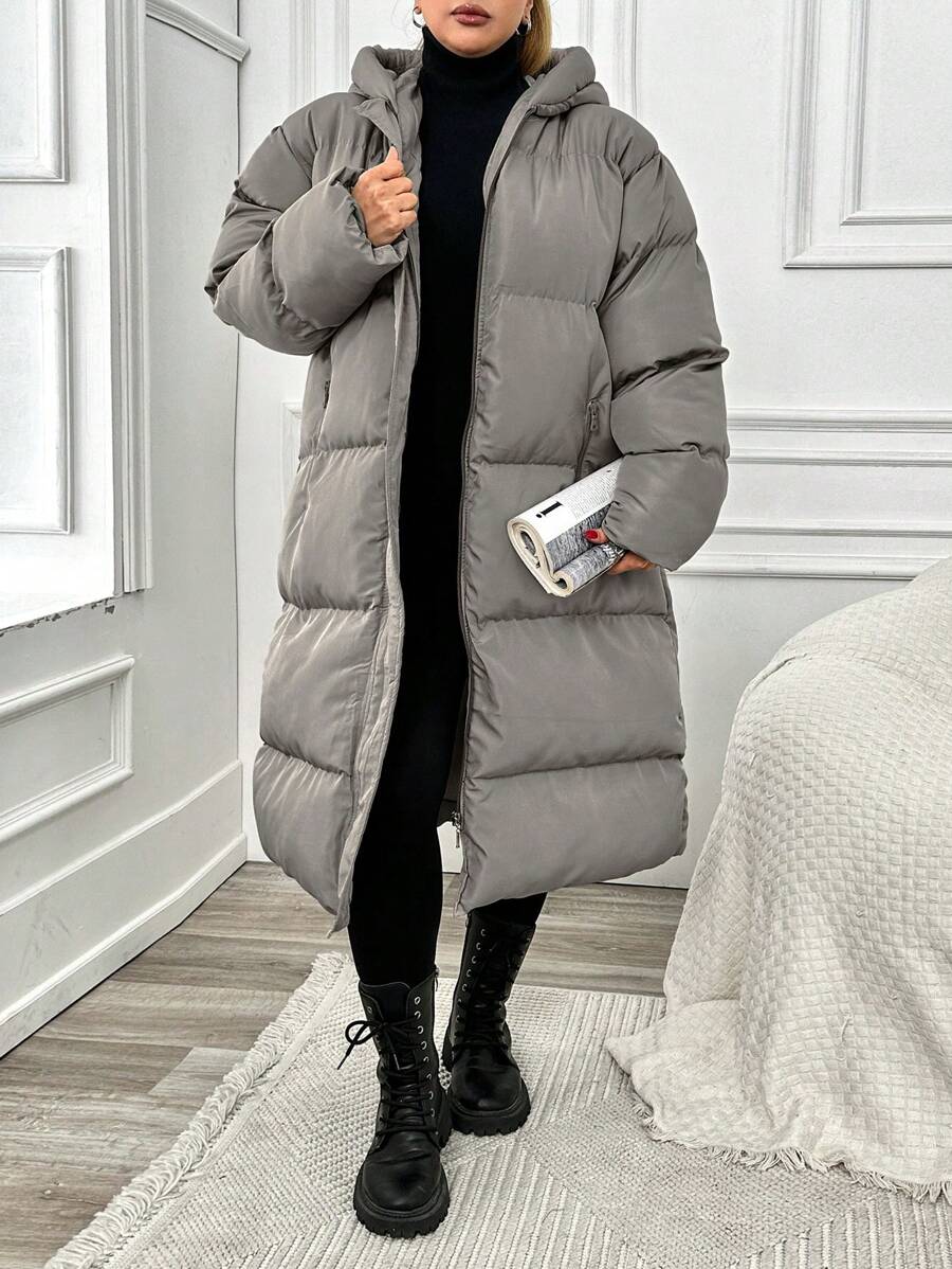 RueChic 大碼女士連帽冬季外套 - 淺灰色 - 查看 1