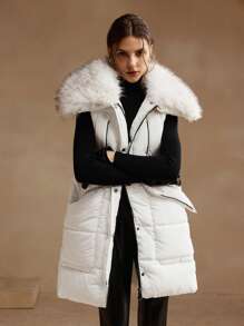 Anewsta Women's Elegant Faux Fur Collar Mid-Long Cotton Padded Jacket, Autumn/Winter