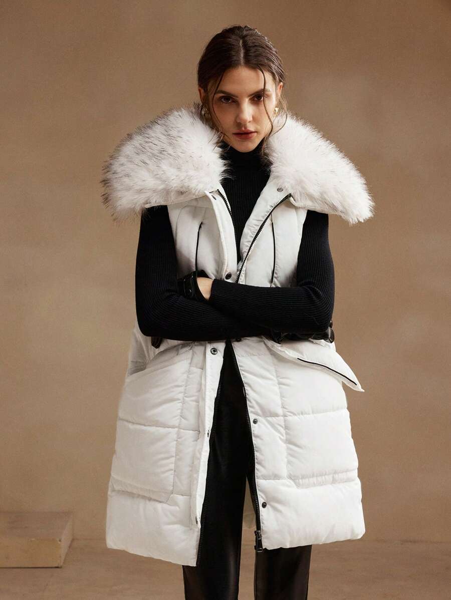 Anewsta Women's Elegant Faux Fur Collar Mid-Long Cotton Padded Jacket, Autumn/Winter