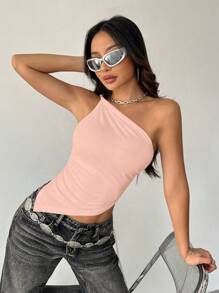 TRNVIE Women Solid Color Minimalist One Shoulder Summer Top - Baby Pink - View 3