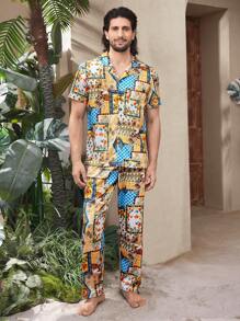 Men's Turndown Collar Button Front All-Over Print Short Sleeve Top And Pants Sleepwear Set - Yellow - View 1