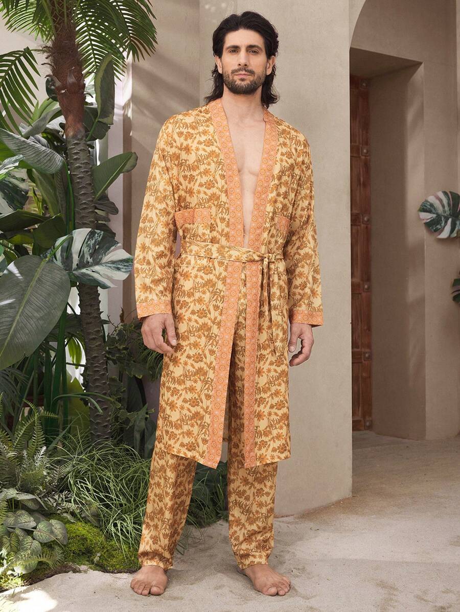 男士两件套家居服套装，系扣长袖上衣，腰带，全身印花休闲裤 - 彩色 - 查看 1