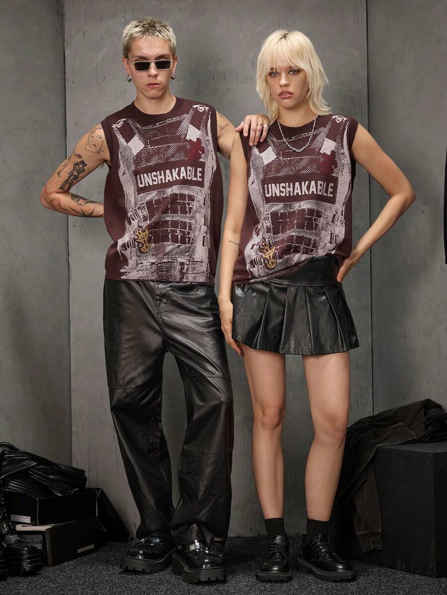 Manfinity Roghcode Men's Casual Colorblock Guitar & Letter Graphic Sweater Vest, Spring & Summer