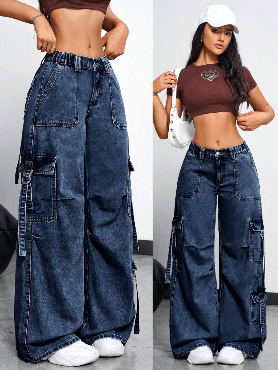 SHEIN EZwear 女式前扣多口袋飘逸牛仔裤，休闲日常穿着 - 深色水洗藍 - 查看 1