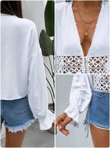 SHEIN Cottnline V Neck Bamboo Fabric With Lace Insert Hem Boho Style Blouse - White - View 6
