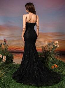 UNITHORSE Spaghetti Strap Embroidery Floral Decor Mermaid Dress With Trailing, Wedding Dress,Bride - Black - View 3