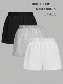 SHEIN PETITE 3pcs Women Solid Color Elastic Waist Shorts - Multicolor - View 3
