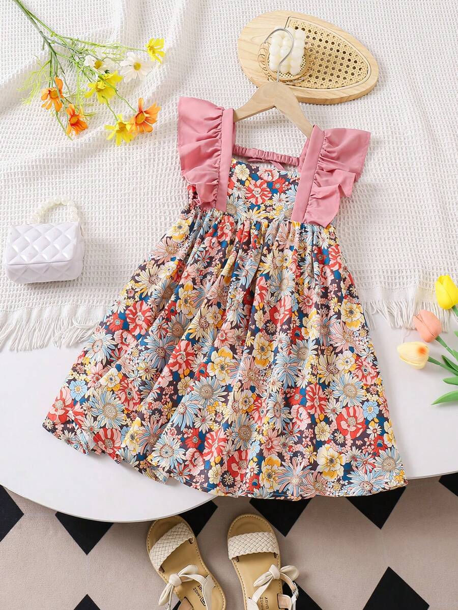 SHEIN Loses, lässiges und süßes japanisches Stil Kleid mit Quadratischem Ausschnitt und Puffärmeln für Kleine Mädchen