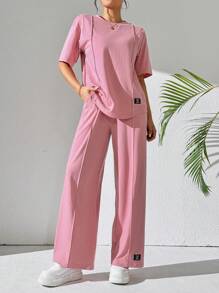 Mulvari 2 件女式纯色圆领长袖上衣和裤子套装，日常休闲装，休闲装运动服 2 件套休闲套装，适合散步/运动/返校和日常休闲装 2 件套 - 西瓜粉 - 查看 3