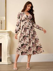 Chiquease Vintage Floral Print V-Neck Puff Sleeve Dress - Multicolor - View 2