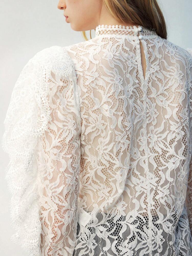 SHEIN Maija Women's Solid Color Button Back Long Sleeve Embroidery Sheer Casual Blouse, For Daily Leisure & Vacation