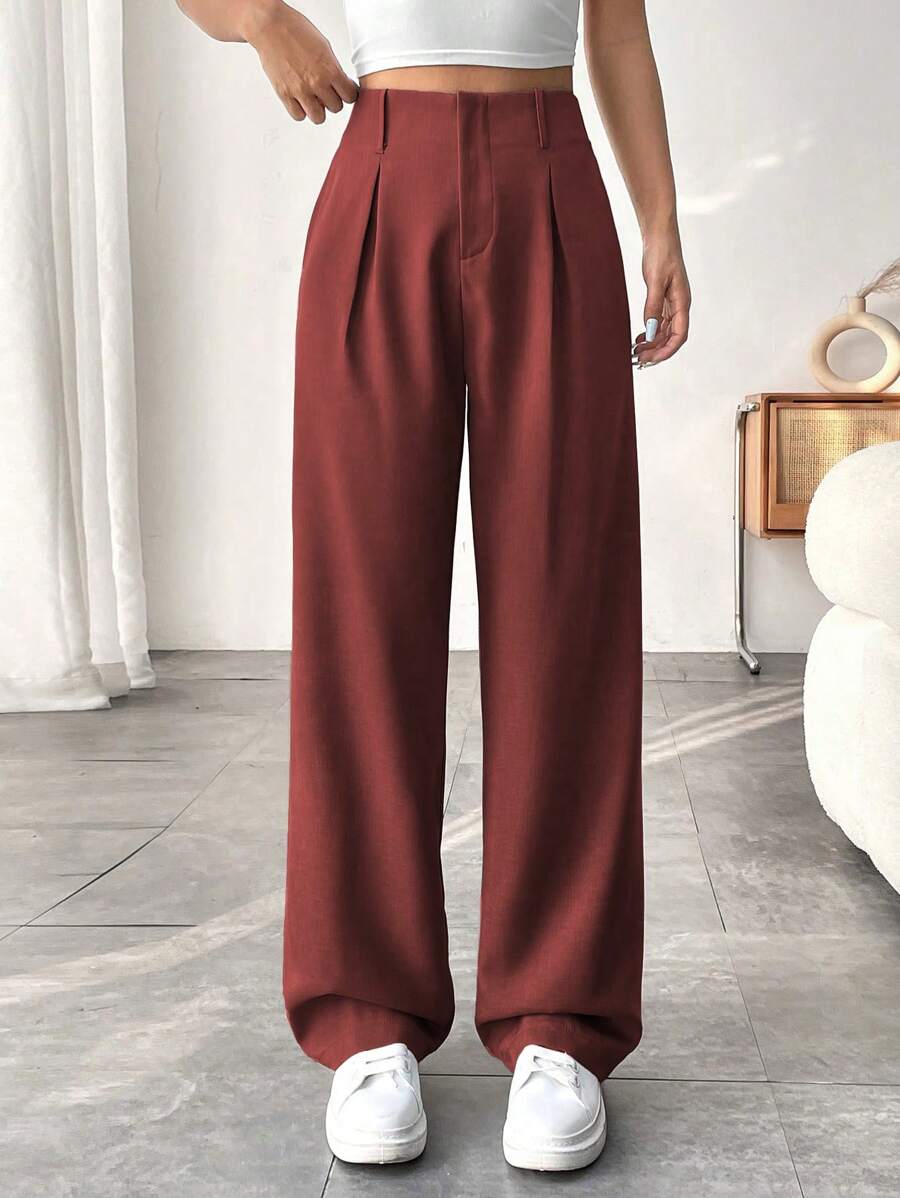 Flirla 女士纯色收腰阔腿休闲裤新年衣服 - 紅色 - 查看 1