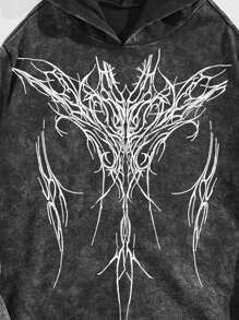 ROMWE MEN Men's Fashionable Washed Gothic Print Hoodie, School - Black - View 3