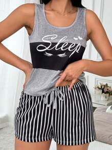 Letter & Eyelash Printed Color Block Patchwork Casual Tank Top And Striped Shorts Pajama Set, 2pcs