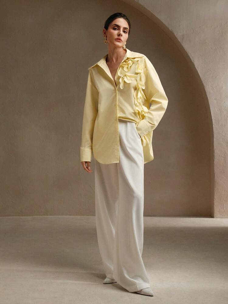 Yellow 3D Floral Oversized Long Sleeve Shirt