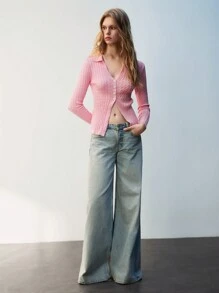 Maija Damen V-Ausschnitt Langarm einfarbiger rosa gestrickter Cardigan