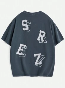 Manfinity VCAY Men's Loose Fit English Letter Graphic Short Sleeve T-Shirt, Summer - Cadet Blue - View 1