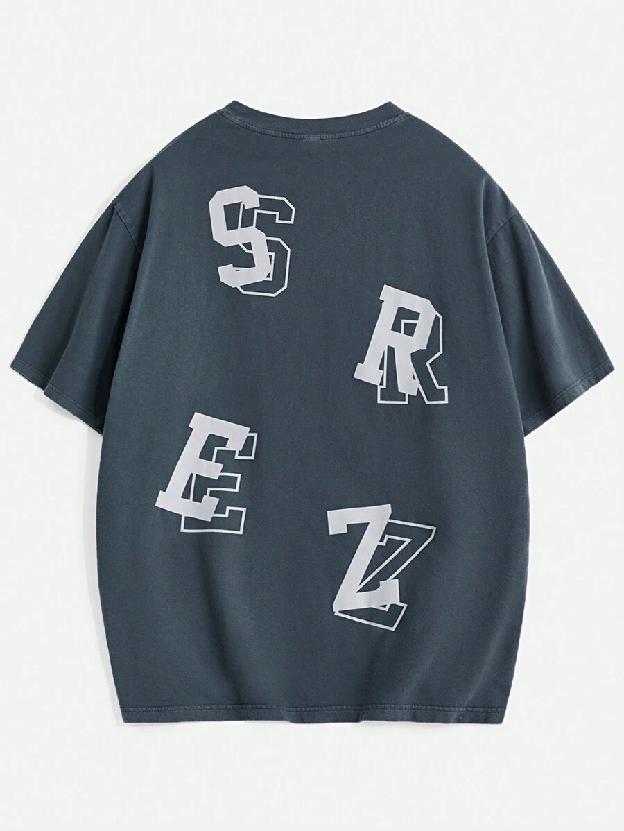 Manfinity VCAY Men's Loose Fit English Letter Graphic Short Sleeve T-Shirt, Summer - Cadet Blue - View 1