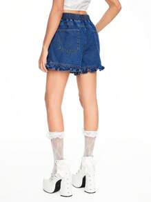 ROMWE Kawaii Summer Casual Strawberry Embroidered Tie Decor Ruffle Hem Denim Shorts
