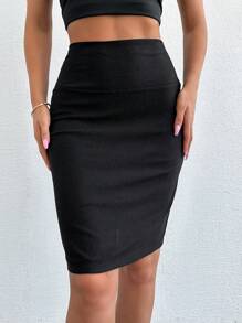 EURMUSE Women's Casual Solid Color Slim Fit Skirt, Summer - Black - View 4