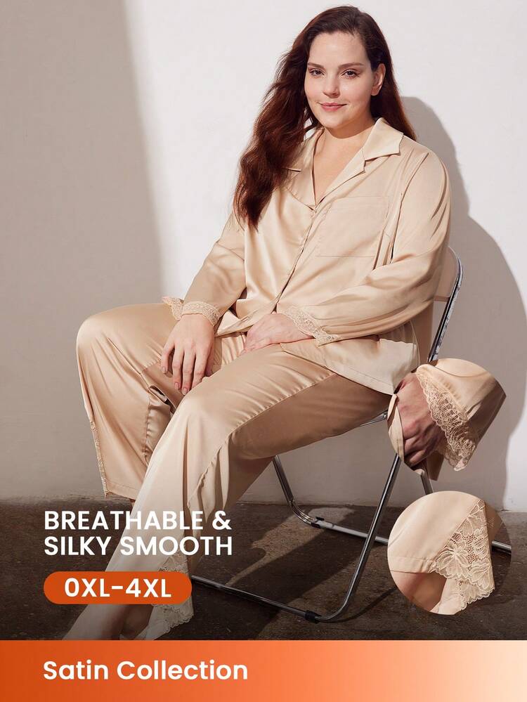 Women Plus Lace Trim Satin Shirt & Pants Pajama Set Sleep Wear Lounge Set
