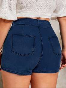 新款女式高腰破洞牛仔短裤，多口袋、弹力面料，时尚舒适休闲蓝色大码短裤 - 寶藍色 - 查看 2