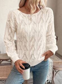EMERY ROSE 度假风休闲镂空宽松套头毛衣，长袖上衣，秋冬针织衫 - 米色 - 查看 5