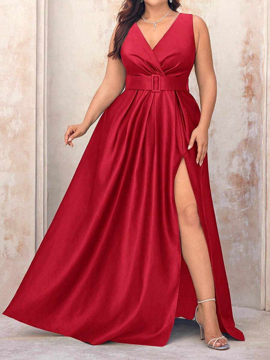 SHEIN Belle 加大码 V 领重叠腰带褶皱高开衩 A 字型优雅正式晚礼服、舞会礼服，适合婚礼嘉宾、毕业典礼、晚宴 - 紅色 - 查看 1