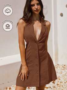 SHEIN Frenchy Khaki 100% Cotton Mini Dress, Backless Butterfly Dress, Cotton Women's Dresses, Strapless Vest Dress, Backless Dress, This Dress Features A Backless Design And Is Made From 100% Cotton, Making It An Ideal Casual Choice For A Summer Holiday - Coffee Brown - View 5