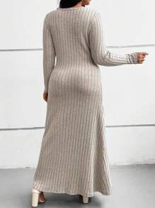Calvaya Plus Size Long Sleeve Ribbed Knit Elegant Dress - Apricot - View 2