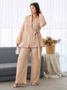 SHEIN Cottnline PLUS WOMEN COMFORT BEIGE TWO PIECES - Beige - View 4