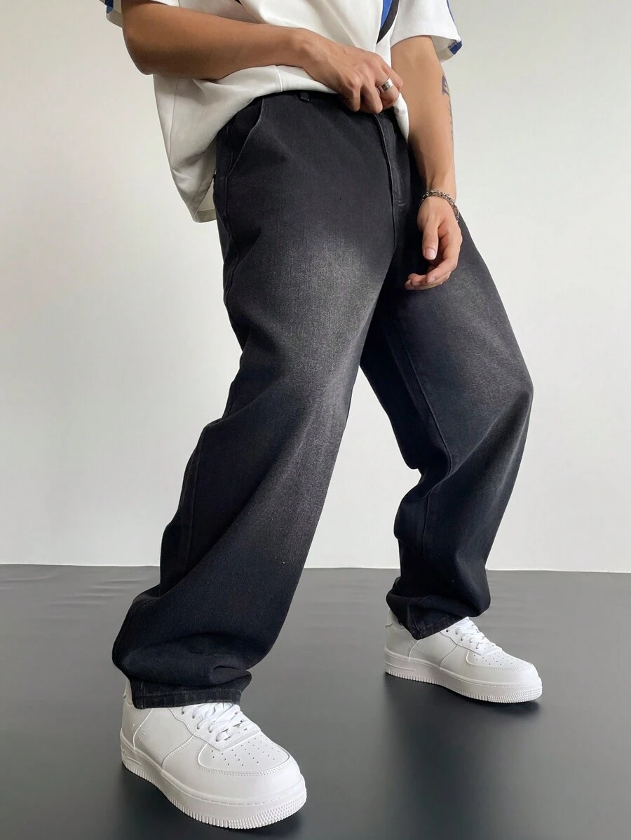 Manfinity Hypemode Quần jean nam ống rộng màu trơn có túi, quần jean rộng thùng thình cho nam - màu đen - Xem 1