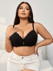 Front Hook-And-Eye Closure, Easy To Wear & Take Off, Lace, Floral, Mature Charm, Elegant, Comfortable 3/4 Cup Wire Bra & Wireless Bra, Plus Size - Black - View 5