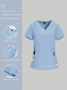 TaskEZ 女士 V 领手术服上衣 - V 领短袖护士制服手术服上衣，带 2 个口袋 - 淺藍色 - 查看 3
