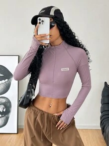 SHEIN EZwear Women's Fall Y2K Half Zipper Collared Slim Fit Color Block Edge Outseam Seamed T-Shirt - Purple - View 1