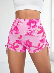 SHEIN Sports Quần short thể thao dây rút in hoa tập yoga, chạy bộ - Hồng - Xem 6