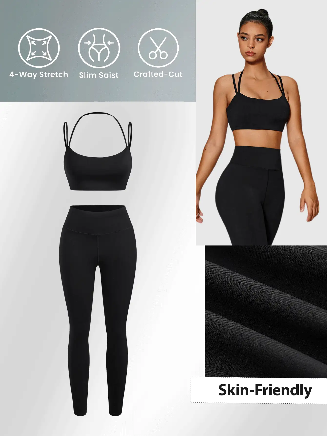 SHEIN Sports Conjunto básico de entrenamiento con tirantes de espagueti para fitness, realzador de escote y espalda, push up, pantalón de cintura alta, conjunto de yoga de 2 piezas con caderas de durazno