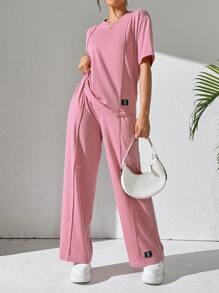 Mulvari 2 件女式纯色圆领长袖上衣和裤子套装，日常休闲装，休闲装运动服 2 件套休闲套装，适合散步/运动/返校和日常休闲装 2 件套 - 西瓜粉 - 查看 1