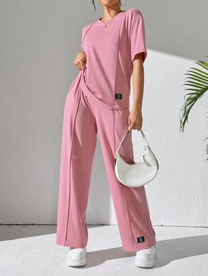 Mulvari Conjunto de 2 piezas de top de manga larga cuello redondo y pantalones de unicolor para mujer, atuendo casual diario, conjunto de chándal informal de 2 piezas, adecuado para caminar/deportes/regresar a la escuela y uso casual diario